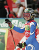 Denise Karbon of Italy reacts after crossing finish line in second run of women giant slalom World Cup race in Maribor, Slovenia. Giant slalom race of 44th Golden Fox trophy and Women FIS Alpine skiing World Cup was held in Maribor, Slovenia, on 12th of January 2008.
