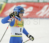 Second placed Manuela Moelgg of Italy reacts after crossing finish line in second run of women giant slalom World Cup race in Maribor, Slovenia. Giant slalom race of 44th Golden Fox trophy and Women FIS Alpine skiing World Cup was held in Maribor, Slovenia, on 12th of January 2008.

