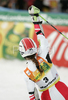 Winner Elisabeth Goergl of Austria reacts after crossing finish line in second run of women giant slalom World Cup race in Maribor, Slovenia. Giant slalom race of 44th Golden Fox trophy and Women FIS Alpine skiing World Cup was held in Maribor, Slovenia, on 12th of January 2008.

