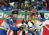 Winner Elisabeth Goergl of Austria (M) is getting congratulated by second placed Manuela Moelgg of Italy (L), and third placed Denise Karbon of Italy (R) after crossing finish line in second run of women giant slalom World Cup race in Maribor, Slovenia. Giant slalom race of 44th Golden Fox trophy and Women FIS Alpine skiing World Cup was held in Maribor, Slovenia, on 12th of January 2008.
