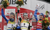 Winner Elisabeth Goergl of Austria (M), second placed Manuela Moelgg of Italy (L), and third placed Denise Karbon of Italy (R), celebrating their medals won women giant slalom World Cup race in Maribor, Slovenia. Giant slalom race of 44th Golden Fox trophy and Women FIS Alpine skiing World Cup was held in Maribor, Slovenia, on 12th of January 2008.
