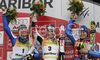 Winner Elisabeth Goergl of Austria (M), second placed Manuela Moelgg of Italy (L), and third placed Denise Karbon of Italy (R), celebrating their medals won women giant slalom World Cup race in Maribor, Slovenia. Giant slalom race of 44th Golden Fox trophy and Women FIS Alpine skiing World Cup was held in Maribor, Slovenia, on 12th of January 2008.
