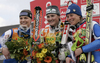 Winner Elisabeth Goergl of Austria (M), second placed Manuela Moelgg of Italy (L), and third placed Denise Karbon of Italy (R), celebrating their medals won women giant slalom World Cup race in Maribor, Slovenia. Giant slalom race of 44th Golden Fox trophy and Women FIS Alpine skiing World Cup was held in Maribor, Slovenia, on 12th of January 2008.
