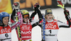 Winner Nicole Hosp of Austria (M), second placed Veronika Zuzulova of Slovakia (L), and third placed Marlies Schild of Austria (R), celebrating their medals won women slalom World Cup race in Maribor, Slovenia. Slalom race of 44th Golden Fox trophy and Women FIS Alpine skiing World Cup was held in Maribor, Slovenia, on 13th of January 2008.
