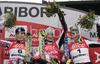 Winner Nicole Hosp of Austria (M), second placed Veronika Zuzulova of Slovakia (L), and third placed Marlies Schild of Austria (R), celebrating their medals won women slalom World Cup race in Maribor, Slovenia. Slalom race of 44th Golden Fox trophy and Women FIS Alpine skiing World Cup was held in Maribor, Slovenia, on 13th of January 2008.
