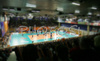 Players of ACH Volley (R) and Paris Volley (L) during match of 3rd round of Indesit European Champions League between ACH Volley, Bled, Slovenia and Paris Volley, France. Match was played in Tivoli arena, Ljubljana, Slovenia on 12th of December 2007. 
