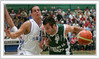 Sani Becirovic of Slovenia (R no. 7) trying to score during first of two friendly matches between Slovenia and Finland which was played in Radovljica. Slovenia won the match with 88:43. Primoz Brezec of Slovenia was best scorer of the game with 16 points scored in 22:11minutes of his playtime. <br> Radovljica, Slovenia
