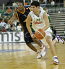 Saso Ozbolt (no. 31) of Union Olimpija (R)and David Hawkins (no 7) of Lottomatica Roma (L) during match of Euroleague League between KK Union Olimpija, Ljubljana, Slovenia and Lottomatica Roma, Italy. Match ended with victory of Union Olimpija, who defeated Lottomatica Roma with 82-73. Match between KK Union Olimpija and Lottomatica Roma was played in Tivoli hall in Ljubljana, Slovenia on 1. November 2006.
