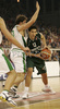 Dimitrios Diamantidis (no. 13) of Panathinaikos (R) in fight with Manuchar Markoishvili (no. 11) of Union Olimpija (L) during match of Euroleague League between KK Union Olimpija, Ljubljana, Slovenia and Panathinaikos Athens, Greece. Match ended with victory of Panathinaikos, who defeated Union Olimpija with 86:65. Match between KK Union Olimpija and Panathinaikos was played in Tivoli hall in Ljubljana, Slovenia on 8. November 2006.
