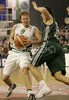 Teemu Rannikko (no. 9) of Union Olimpija (L) and Dimitrios Diamantidis (no. 13) of Panathinaikos (R) during match of Euroleague League between KK Union Olimpija, Ljubljana, Slovenia and Panathinaikos Athens, Greece. Match ended with victory of Panathinaikos, who defeated Union Olimpija with 86:65. Match between KK Union Olimpija and Panathinaikos was played in Tivoli hall in Ljubljana, Slovenia on 8. November 2006.
