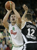 Marko Milic (no. 12) of Union Olimpija (L) and Novica Velickovic (no.12) of Partizan (R) during match of 5th round of Basketball Euroleague League between KK Union Olimpija, Ljubljana, Slovenia and Partizan Belgrade, Serbia. Match ended with victory of Partizan, who defeated Union Olimpija with 70:71. Match between KK Union Olimpija and Partizan was played in Tivoli hall in Ljubljana, Slovenia on 22. November 2006.
