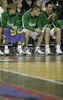 Teemu Rannikko (no. 9) of Union Olimpija (L), Dejan Hohler (no. 10) of Union Olimpija (M) and Klemen Lorbek (no. 5) of Union Olimpija (R) watching game during match of 5th round of Basketball Euroleague League between KK Union Olimpija, Ljubljana, Slovenia and Partizan Belgrade, Serbia. Match ended with victory of Partizan, who defeated Union Olimpija with 70:71. Match between KK Union Olimpija and Partizan was played in Tivoli hall in Ljubljana, Slovenia on 22. November 2006.
