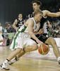 Teemu Rannikko (no. 9) of Union Olimpija (L) and Milenko Tepic (no.4) of Partizan (R) during match of 5th round of Basketball Euroleague League between KK Union Olimpija, Ljubljana, Slovenia and Partizan Belgrade, Serbia. Match ended with victory of Partizan, who defeated Union Olimpija with 70:71. Match between KK Union Olimpija and Partizan was played in Tivoli hall in Ljubljana, Slovenia on 22. November 2006.
