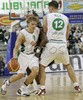 Teemu Rannikko (no. 9) of Union Olimpija (L) attacking while Marko Milic (no. 12) of Union Olimpija (R) making block for Vonteego Cummings (no.25) of Partizan (M) during match of 5th round of Basketball Euroleague League between KK Union Olimpija, Ljubljana, Slovenia and Partizan Belgrade, Serbia. Match ended with victory of Partizan, who defeated Union Olimpija with 70:71. Match between KK Union Olimpija and Partizan was played in Tivoli hall in Ljubljana, Slovenia on 22. November 2006.
