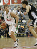 Teemu Rannikko (no. 9) of Union Olimpija (L) and Milenko Tepic (no.4) of Partizan (R) during match of 5th round of Basketball Euroleague League between KK Union Olimpija, Ljubljana, Slovenia and Partizan Belgrade, Serbia. Match ended with victory of Partizan, who defeated Union Olimpija with 70:71. Match between KK Union Olimpija and Partizan was played in Tivoli hall in Ljubljana, Slovenia on 22. November 2006.
