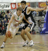Teemu Rannikko (no. 9) of Union Olimpija (L) and Milenko Tepic (no.4) of Partizan (R) during match of 5th round of Basketball Euroleague League between KK Union Olimpija, Ljubljana, Slovenia and Partizan Belgrade, Serbia. Match ended with victory of Partizan, who defeated Union Olimpija with 70:71. Match between KK Union Olimpija and Partizan was played in Tivoli hall in Ljubljana, Slovenia on 22. November 2006.
