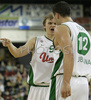Teemu Rannikko (no. 9) of Union Olimpija (L) and Marko Milic (no. 12) of Union Olimpija (R) discussing tactics during match of 7th round of Basketball Euroleague League between KK Union Olimpija, Ljubljana, Slovenia and DKV Joventut, Badalona, Spain . Match ended with victory of DKV Joventut, who defeated Union Olimpija with 67:69. Match between KK Union Olimpija and DKV Joventut was played in Tivoli Arena in Ljubljana, Slovenia on 7. December 2006.
