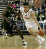 Ender Arslan (no. 4) of Union Olimpija (R) and James Elmer Bennet (no.6) of DKV Joventut (L) during match of 7th round of Basketball Euroleague League between KK Union Olimpija, Ljubljana, Slovenia and DKV Joventut, Badalona, Spain . Match ended with victory of DKV Joventut, who defeated Union Olimpija with 67:69. Match between KK Union Olimpija and DKV Joventut was played in Tivoli Arena in Ljubljana, Slovenia on 7. December 2006.
