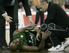 James Elmer Bennet (no.6) of DKV Joventut (M) got injured during match of 7th round of Basketball Euroleague League between KK Union Olimpija, Ljubljana, Slovenia and DKV Joventut, Badalona, Spain . Match ended with victory of DKV Joventut, who defeated Union Olimpija with 67:69. Match between KK Union Olimpija and DKV Joventut was played in Tivoli Arena in Ljubljana, Slovenia on 7. December 2006.
