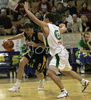Gordan Zadravec (no.9) of Zagreb (L) attacking while Marko Milic (no. 12) of Union Olimpija (R) is covering him during match of NLB League between Union Olimpija, Ljubljana, Slovenia and KK Zagreb, Croatia. Match ended with victory of Union Olimpija, who defeated Zagreb with 87:76. Match between KK Union Olimpija and Zagreb was played in Tivoli Arena in Ljubljana, Slovenia on 9. December 2006.
