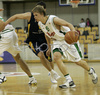 Teemu Rannikko (no. 9) of Union Olimpija (R) and Petar Babic (no.6) of Zagreb (L) during match of NLB League between Union Olimpija, Ljubljana, Slovenia and KK Zagreb, Croatia. Match ended with victory of Union Olimpija, who defeated Zagreb with 87:76. Match between KK Union Olimpija and Zagreb was played in Tivoli Arena in Ljubljana, Slovenia on 9. December 2006.
