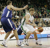 Teemu Rannikko (no. 9) of Union Olimpija (R) and Andrew Wisniewski (no.9) of Cibona (L) during match of 8th round of Basketball Euroleague League between KK Union Olimpija, Ljubljana, Slovenia and Cibona Zagreb, Croatia . Match ended with victory of Union Olimpija, who defeated Cibona with 92:88. Match between Union Olimpija and Cibona was played in Tivoli Arena in Ljubljana, Slovenia on 14. December 2006.
