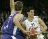 Sandi Cebular (no. 21) of Union Olimpija (R) and Barisa Krasic (no.7) of Cibona (L) during match of 8th round of Basketball Euroleague League between KK Union Olimpija, Ljubljana, Slovenia and Cibona Zagreb, Croatia . Match ended with victory of Union Olimpija, who defeated Cibona with 92:88. Match between Union Olimpija and Cibona was played in Tivoli Arena in Ljubljana, Slovenia on 14. December 2006.
