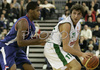 Manuchar Markoishvili (no. 11) of Union Olimpija (R) and Christopher Warren Levour (no.4) of Cibona (L) during match of 8th round of Basketball Euroleague League between KK Union Olimpija, Ljubljana, Slovenia and Cibona Zagreb, Croatia . Match ended with victory of Union Olimpija, who defeated Cibona with 92:88. Match between Union Olimpija and Cibona was played in Tivoli Arena in Ljubljana, Slovenia on 14. December 2006.
