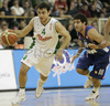 Ender Arslan (no. 4) of Union Olimpija (L) and Vedran Morovic (no.10) of Cibona (R) during match of 8th round of Basketball Euroleague League between KK Union Olimpija, Ljubljana, Slovenia and Cibona Zagreb, Croatia . Match ended with victory of Union Olimpija, who defeated Cibona with 92:88. Match between Union Olimpija and Cibona was played in Tivoli Arena in Ljubljana, Slovenia on 14. December 2006.

