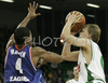 Teemu Rannikko (no. 9) of Union Olimpija (R) and Christopher Warren Levour (no.4) of Cibona (L) during match of 8th round of Basketball Euroleague League between KK Union Olimpija, Ljubljana, Slovenia and Cibona Zagreb, Croatia . Match ended with victory of Union Olimpija, who defeated Cibona with 92:88. Match between Union Olimpija and Cibona was played in Tivoli Arena in Ljubljana, Slovenia on 14. December 2006.
