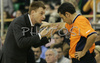 Union Olimpija coach Gasper Okorn arguing with referees before he got technical fault during match of 8th round of Basketball Euroleague League between KK Union Olimpija, Ljubljana, Slovenia and Cibona Zagreb, Croatia . Match ended with victory of Union Olimpija, who defeated Cibona with 92:88. Match between Union Olimpija and Cibona was played in Tivoli Arena in Ljubljana, Slovenia on 14. December 2006.
