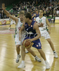 Teemu Rannikko (no. 9) of Union Olimpija (L) and Domen Lorbek (no. 23) of Union Olimpija (R) are covering Davor Kus (no.5) of Cibona (M) during match of 8th round of Basketball Euroleague League between KK Union Olimpija, Ljubljana, Slovenia and Cibona Zagreb, Croatia . Match ended with victory of Union Olimpija, who defeated Cibona with 92:88. Match between Union Olimpija and Cibona was played in Tivoli Arena in Ljubljana, Slovenia on 14. December 2006.
