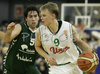 Teemu Rannikko (no. 9) of Union Olimpija (R) and Berni Rodriguez (no.5) of Unicaja (L) during match of 11th round of Basketball Euroleague League between KK Union Olimpija, Ljubljana, Slovenia and Unicaja, Malaga, Spain. Match ended with victory of Union Olimpija, who defeated Unicaja with 87:59. Match between KK Union Olimpija and Unicaja was played in Tivoli Arena in Ljubljana, Slovenia on 10. January 2007.

