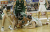 Marko Milic (no. 12) of Union Olimpija (R), Alfonso Sanchez (no.22) of Unicaja (M) and Carlos Cabezas (no.10) of Unicaja (L) fighting for ball during match of 11th round of Basketball Euroleague League between KK Union Olimpija, Ljubljana, Slovenia and Unicaja, Malaga, Spain. Match ended with victory of Union Olimpija, who defeated Unicaja with 87:59. Match between KK Union Olimpija and Unicaja was played in Tivoli Arena in Ljubljana, Slovenia on 10. January 2007.

