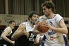Smiljan Pavic (no.9) of Helios Domzale (R) and Predrag Drobnjak (no.18) of Partizan (L) during match of 17th round of Basketball NLB  League between Helios Domzale, Slovenia and Partizan Beograd, Serbia. Match ended with victory of Helios Domzale, who defeated Partizan with 79:76. Match between Helios Domzale and Partizan was played in Domzale, Slovenia on 13. January 2007.
