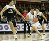 Dario Krejic (no.8) of Helios Domzale  (R) and Luka Bogdanovic (no.5) of Partizand (L) uring match of 17th round of Basketball NLB  League between Helios Domzale, Slovenia and Partizan Beograd, Serbia. Match ended with victory of Helios Domzale, who defeated Partizan with 79:76. Match between Helios Domzale and Partizan was played in Domzale, Slovenia on 13. January 2007.
