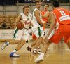 Teemu Rannikko (no. 9) of Union Olimpija (L), Marko Milic (no. 12) of Union Olimpija (white M) and Predrag Suput (no. 8) of Hemofarm (R) during match of NLB League between KK Union Olimpija, Ljubljana, Slovenia and KK Hemofarm, Vrsac, Serbia. Match ended with victory of Hemofarm, who defeated Union Olimpija with 68:73. Match between KK Union Olimpija and KK Hemofarm was played in Tivoli hall in Ljubljana, Slovenia on 21. October 2006.

