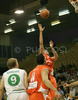 Nebojsa Joksimovic (no. 7) of Hemofarm jumping for ball while Teemu Rannikko (no. 9) of Union Olimpija (L) and Predrag Suput (no. 8) of Hemofarm waiting for result, during match of NLB League between KK Union Olimpija, Ljubljana, Slovenia and KK Hemofarm, Vrsac, Serbia. Match ended with victory of Hemofarm, who defeated Union Olimpija with 68:73. Match between KK Union Olimpija and KK Hemofarm was played in Tivoli hall in Ljubljana, Slovenia on 21. October 2006.
