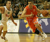Marko Milic (no. 12) of Union Olimpija (L) covering Milos Borisov (no. 15) of Hemofarm during match of NLB League between KK Union Olimpija, Ljubljana, Slovenia and KK Hemofarm, Vrsac, Serbia. Match ended with victory of Hemofarm, who defeated Union Olimpija with 68:73. Match between KK Union Olimpija and KK Hemofarm was played in Tivoli hall in Ljubljana, Slovenia on 21. October 2006.
