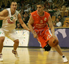 Marko Milic (no. 12) of Union Olimpija (L) covering Milos Borisov (no. 15) of Hemofarm during match of NLB League between KK Union Olimpija, Ljubljana, Slovenia and KK Hemofarm, Vrsac, Serbia. Match ended with victory of Hemofarm, who defeated Union Olimpija with 68:73. Match between KK Union Olimpija and KK Hemofarm was played in Tivoli hall in Ljubljana, Slovenia on 21. October 2006.
