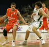Manuchar Markoishvili (no. 11) of Union Olimpija (R) covering Bojan Bakic (no. 5) of Hemofarm (L) during match of NLB League between KK Union Olimpija, Ljubljana, Slovenia and KK Hemofarm, Vrsac, Serbia. Match ended with victory of Hemofarm, who defeated Union Olimpija with 68:73. Match between KK Union Olimpija and KK Hemofarm was played in Tivoli hall in Ljubljana, Slovenia on 21. October 2006.
