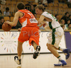 Teemu Rannikko (no. 9) of Union Olimpija (R) covering Miljan Rakic (no. 11) of Hemofarm (L) during match of NLB League between KK Union Olimpija, Ljubljana, Slovenia and KK Hemofarm, Vrsac, Serbia. Match ended with victory of Hemofarm, who defeated Union Olimpija with 68:73. Match between KK Union Olimpija and KK Hemofarm was played in Tivoli hall in Ljubljana, Slovenia on 21. October 2006.
