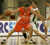 Dejan Hohler (no. 10) of Union Olimpija (R) covering Miljan Rakic (no. 11) of Hemofarm  (L) during match of NLB League between KK Union Olimpija, Ljubljana, Slovenia and KK Hemofarm, Vrsac, Serbia. Match ended with victory of Hemofarm, who defeated Union Olimpija with 68:73. Match between KK Union Olimpija and KK Hemofarm was played in Tivoli hall in Ljubljana, Slovenia on 21. October 2006.

