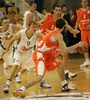 Teemu Rannikko (no. 9) of Union Olimpija (L) covering Stefan Markovic (no. 9) of Hemofarm (R) during match of NLB League between KK Union Olimpija, Ljubljana, Slovenia and KK Hemofarm, Vrsac, Serbia. Match ended with victory of Hemofarm, who defeated Union Olimpija with 68:73. Match between KK Union Olimpija and KK Hemofarm was played in Tivoli hall in Ljubljana, Slovenia on 21. October 2006.
