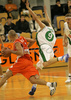 Teemu Rannikko (no. 9) of Union Olimpija (R) is trying to cover Nebojsa Joksimovic (no. 7) of Hemofarm (L) during match of NLB League between KK Union Olimpija, Ljubljana, Slovenia and KK Hemofarm, Vrsac, Serbia. Match ended with victory of Hemofarm, who defeated Union Olimpija with 68:73. Match between KK Union Olimpija and KK Hemofarm was played in Tivoli hall in Ljubljana, Slovenia on 21. October 2006.
