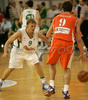 Teemu Rannikko (no. 9) of Union Olimpija (L) and Stefan Markovic (no. 9) of Hemofarm (R) during match of NLB League between KK Union Olimpija, Ljubljana, Slovenia and KK Hemofarm, Vrsac, Serbia. Match ended with victory of Hemofarm, who defeated Union Olimpija with 68:73. Match between KK Union Olimpija and KK Hemofarm was played in Tivoli hall in Ljubljana, Slovenia on 21. October 2006.
