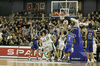 Players under basket of Union Olimpija during match of 13th round of Basketball Euroleague League between KK Union Olimpija, Ljubljana, Slovenia and Maccabi Elite, Tel Aviv, Israel. Match ended with victory of Union Olimpija, who defeated Maccabi Elite with 77:75. Match between KK Union Olimpija and Maccabi Elite was played in Tivoli Arena in Ljubljana, Slovenia on 25. January 2007.
