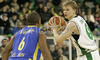 Teemu Rannikko (no.9) of Union Olimpija (R) and Derrick Sharp (no.6) of Maccabi Elite (L) during match of 13th round of Basketball Euroleague League between KK Union Olimpija, Ljubljana, Slovenia and Maccabi Elite, Tel Aviv, Israel. Match ended with victory of Union Olimpija, who defeated Maccabi Elite with 77:75. Match between KK Union Olimpija and Maccabi Elite was played in Tivoli Arena in Ljubljana, Slovenia on 25. January 2007.

