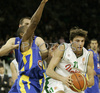 Manuchar Markoishvili (no.11) of Union Olimpija (R) and Derrick Sharp (no.6) of Maccabi Elite (L) during match of 13th round of Basketball Euroleague League between KK Union Olimpija, Ljubljana, Slovenia and Maccabi Elite, Tel Aviv, Israel. Match ended with victory of Union Olimpija, who defeated Maccabi Elite with 77:75. Match between KK Union Olimpija and Maccabi Elite was played in Tivoli Arena in Ljubljana, Slovenia on 25. January 2007.
