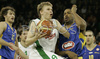 Teemu Rannikko (no.9) of Union Olimpija (M) passed by Simas Jasaitis (no.13) of Maccabi Elite (L) while Jamie Arnold (no.9) of Maccabi Elite (R) is still trying to block him during match of 13th round of Basketball Euroleague League between KK Union Olimpija, Ljubljana, Slovenia and Maccabi Elite, Tel Aviv, Israel. Match ended with victory of Union Olimpija, who defeated Maccabi Elite with 77:75. Match between KK Union Olimpija and Maccabi Elite was played in Tivoli Arena in Ljubljana, Slovenia on 25. January 2007.
